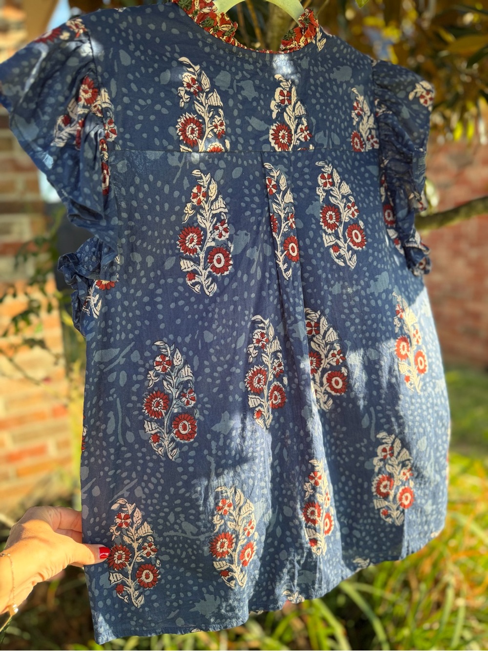 THML Blue Floral 100% Cotton Boho Ruffle Sleeve Blouse Top M - Picture 4 of 16